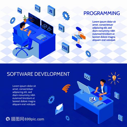 水平等距橫幅程序員編碼開發軟件孤立向量插圖